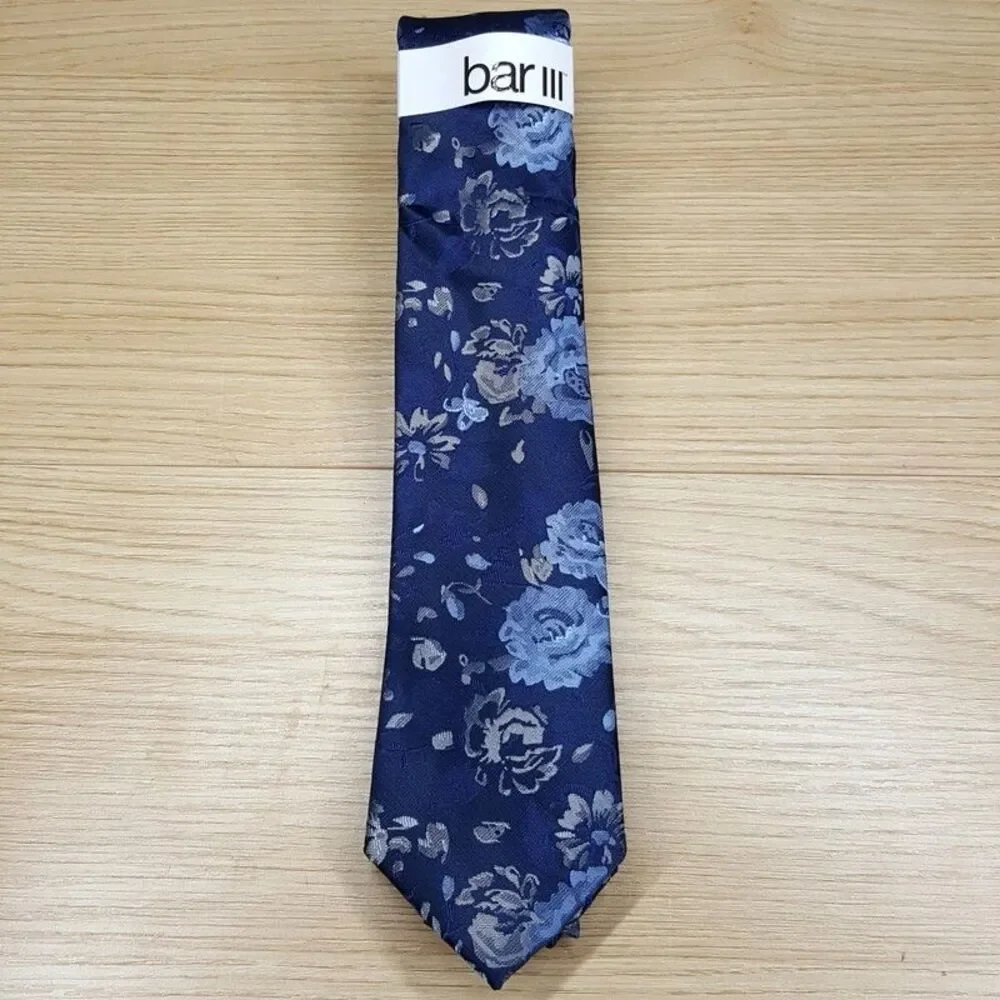 BAR III Mens Neck Tie Blue Floral Skinny Slim Pointed Woven Textured Silk Blend